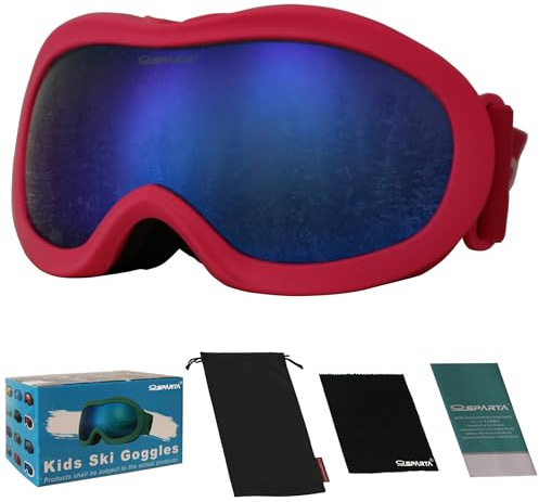 OUTDOORSPARTA Lunettes de ski pour enfants - casque pour garçon et fille lunettes de ski compatibles avec une protection UV à 100% (10. Cadre Rose Foncé, Verre Plein Miroir Bleu)