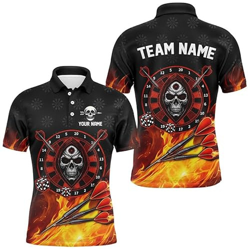 Climcat Personalisierte Schädel-Dartscheibe 3D-gedruckte Dart-Trikots für Herren & Damen - Flammen-Teamshirts Rot Leistungsstarkes Dart-Trikot T2385