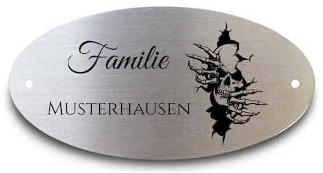 Türschild Oval Edelstahl 100mm / 150mm | Viele Motive Türschild Klingelschild Grabschild Wunschtext Personalisiert mit Gravur (Totenkopf)