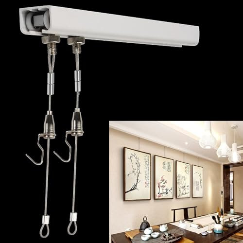 Bild Aufhänger Weißes Bilderschienen-Aufhängesystem-Set Verstellbares Wand-/ Decken-Bilderaufhängeset für Die Heimgalerie Hochbelastbare Bilderschiene mit Haken und Kabeln(Ceiling mount,1m rail+3m Wir