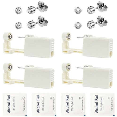 Dzxin 4 Pack Ear Piercing Gun Kit, Disposable Self Ear Piercing Gun Kit with Earring Studs Safety Ear Piercing Gun Kit Tool (White)