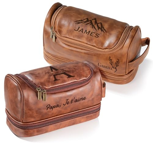 Easycosy Trousse de Toilette Homme Personnalisée -Cadeau Saint Valentin Homme- Sac Organisateuer de Toilette Trousse avec Crochet en Cuir PU pour Voyage Business Idée Cadeau Homme Original Papa Papy