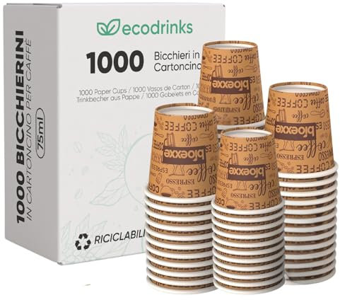 ecodrinks - 1000 Bicchieri Caffe Carta Da 75ml - Set Bicchierini caffè Monouso per Bevande Calde/Fredde - Biodegradabili, Eco-friendly e Made in Italy, Marrone