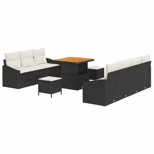 vidaXL 10-teiliges Garten-Sofaset mit Kissen in Schwarz und Cremeweiß aus Rattan – Gartenmöbel mit verstellbaren Armlehnen, modulares Design, perfekt für Terrasse oder Balkon, rechteckig, wetterfest.