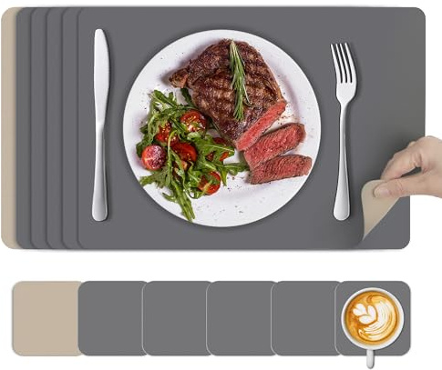 KitchenBoss Platzsets Abwaschbar Tischsets Abwaschbar: Platzdeckchen und Untersetzer 6er Set Hitzebeständig Tischset rutschfest Doppelseitigen Platzset 43x30cm,10x10cm (Apricot-Grau)