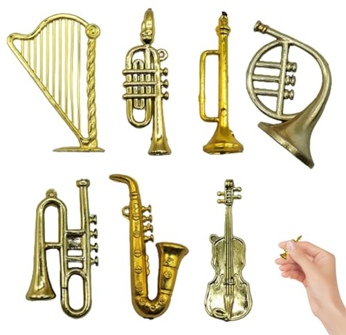 Gcroet Miniatur-Musikinstrumente, 7 Teile/Satz, Kunststoff, Saxophon, Weihnachtsschmuck, zum Aufhängen, kleine Violine mit Lochhaken, goldene Spielzeugtrompete für Puppenhaus, Weihnachtsbaum..