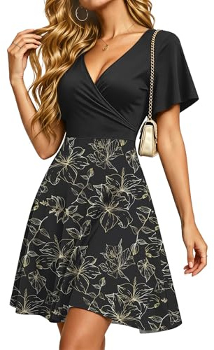 PLMOKEN Sommerkleid Damen Kurz Blume Kurzarm Wickel Kleid Damen Sommer | V Ausschnitt Kurzarm Strandkleid Luftig Empire Taille Kleid für Hochzeitsgäste mit Taschen