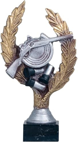 Trofeos Mora Trofeo de Tiró al Plato en Resina Base de Mármol Negro | Acabado Dorado Envejecido | Modelo con Escopeta, Plato y Cartuchos | Alturas 25-27-29 cm (25 cm)