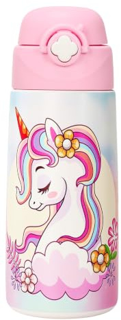 ntskood Girls Unicorn Water Bottle for School,Kids 16 oz Insulated Stainless Steel Cup with Straw, Double-Wall Vacuum Leakproof（Unicorn）