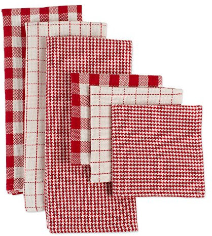 DII Robuste Küchentücher Kollektion, langlebige Qualität, Baumwoll-Geschirrtuch, 45,7 x 71,1 cm, Geschirrtuch, 33 x 33 cm, rote Karos, 6 Stück