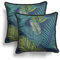 Teal Palm Leaf Pom Cushion Covers - Pair of Tropical Design Cotton Cushion Cases, Luxury Pom Trim, Sofa Chair Throw Pillow Cases, 17 x 17, 43cm x 43cm