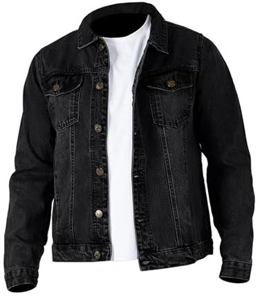 NOROZE Men's Washed Denim Western Trucker Jacket Classic Buttoned-cuffs Casual Outerwear (Black, XL)