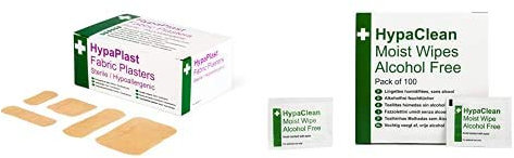 HypaPlast Fabric Plasters, Assorted (100) with HypaClean Moist Wipes, Alcohol Free (Pack of 100)