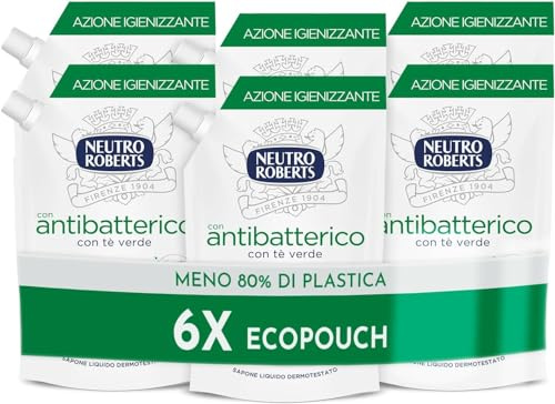Neutro Roberts, Sapone Liquido Ecopouch Antibatterico, Ecoricarica Ecologica, Pelle Sana e Protetta, Té Verde - Confezione da 6 Pezzi da 400 ml - Esclusiva Amazon