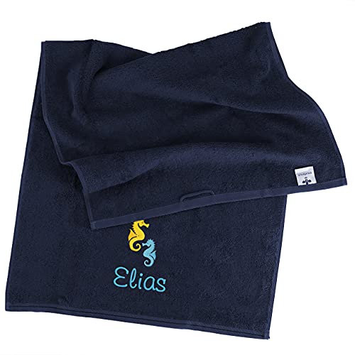 Herz & Heim® Seepferdchen Badetuch mit Name Bestickt, 3 Farben zur Auswahl, 140 x 70 cm Nachtblau