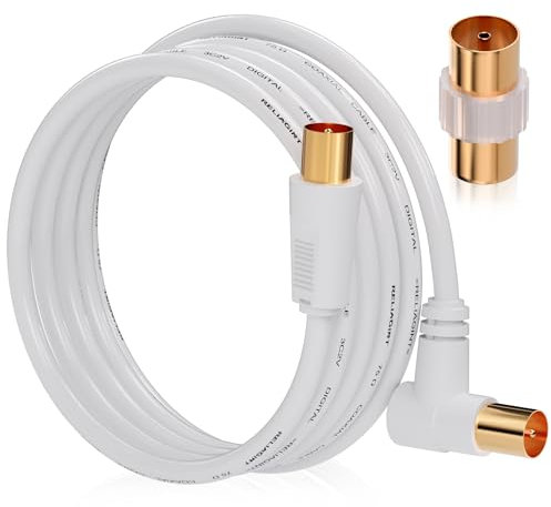 RELIAGINT Cable de antena de TV de ángulo recto flexible RL, con adaptador de extensión extralargo, cobre, baja pérdida para TV, cable coaxial blanco de 1,5 metro
