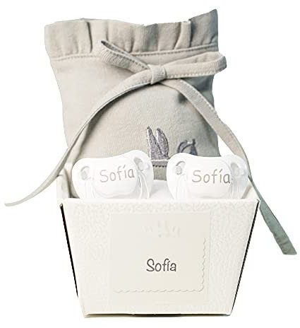 Schnuller für Babys, personalisierbar mit Namen, für Babys von 0-6 Monaten, BPA-frei, präsentiert in eleganter Vintage-Box (Neutral, 2 Schnuller + Tasche) | BebeDeParis