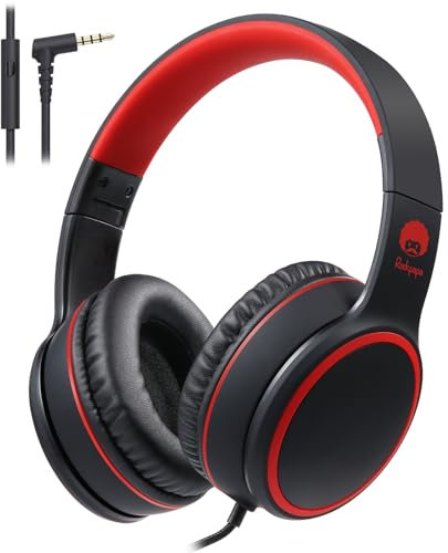 Rockpapa E9W Kids Headphones, Wired with Microphone, Adjustable Headband, Foldable for Travel/PC/Mac/Laptop/Phone (Black Red)