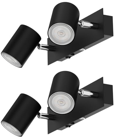 ledscom.de 2 Stück Wandspot WAIKA, zweiflammig, mit Schalter, schwarz matt, inkl. GU10 LED, PAR16, warmweiß, je 6,3W, 374lm, 70°, 3-Stufen-Dimmer
