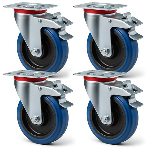 Wiltec Lenkrollen Set 4x Transportrolle Ø80mm bis 100kg pro Rad mit Kunststoffrad, Bremse und Anbauplatte, leiser Lauf, Transportrollen Möbelrollen Laufrollen