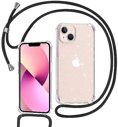 Tikgue Coque pour iPhone 13 avec Cordon, Collier Coque Glitter Transparent Paillettes Etui TPU Bumper Silicone Case avec Chaîne Lanière Housse - Le Noir