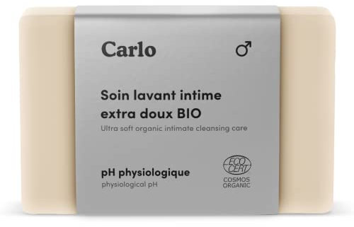Carlo & Carla – Soin lavant solide dédié aux parties intimes et à la muqueuse génitale masculine, certifié bio, prébiotique breveté, 0 parfum 0 sulfate - 100g