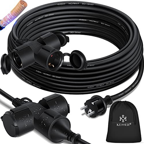 KESSER® Rallonge 3 prises 250 V avec capuchon de protection - Câble électrique pour intérieur et extérieur - IP44 - Contact de protection - Résistant à l'huile et aux UV, 15m - avec distributeur, Noir