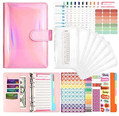 LTZGO Raccoglitore ad 6 Anelli, Budget Binder con 40Pezzi, per Bilancio e 8 Buste Trasparenti Rimovibile, Laser in Pelle PU A6 per pianificatore finanziario 84PCS (Rosa)
