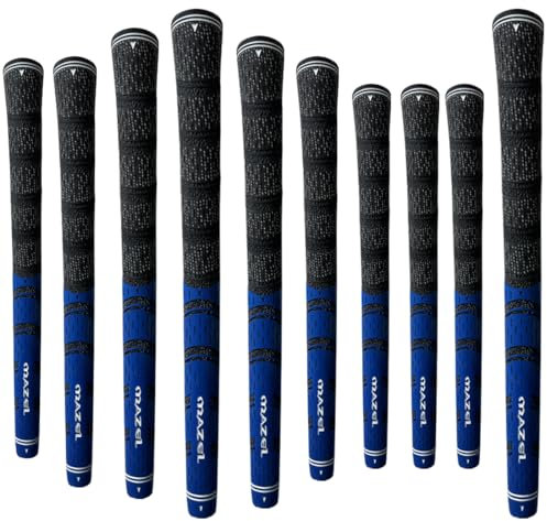MAZEL 10 Golf Grips Midszie & Standardsize, Rubber & Brushed Cotton Thread Non-Slip Golf Club Grips,Easy to Replace (Standard, Black&Blue Brushed Cotton)