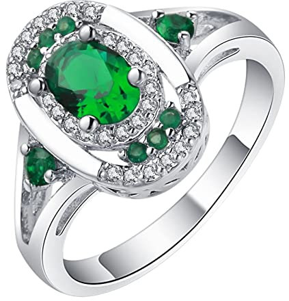 Anillo Zirconia, Anillo de Mujer Zirconia Cúbica de Forma Ovalada Verde Plata Talla 12