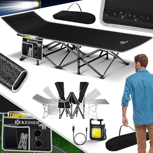 KESSER® Campingbett Feldbett Klappbar Klappbett Campingliege inkl. Tragetasche, Campinglicht + Seitentasche Stabiles Feldbett 250kg Belastbar Metallrohr 600D Oxfordgewebe Tragbar Liege