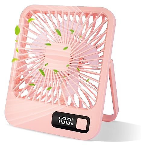 Ladiwanka Desk Fan, 2000mAh Type-C Small Desk Fan 5 Speeds Rechargeable and Powerful, 180°Adjustable LED Display Mini Fan Low dB Quiet for Bedroom, Office, Luxury Slim Portable Design for Travel