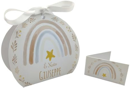PV Grafik® 24+24 Scatoline Portaconfetti Nascita Battesimo Bimbo – Bomboniere Arcobaleno Personalizzate con Bigliettini e Nastrino – Scatole Confetti Eleganti per Festa Baby Shower (Tunna46)