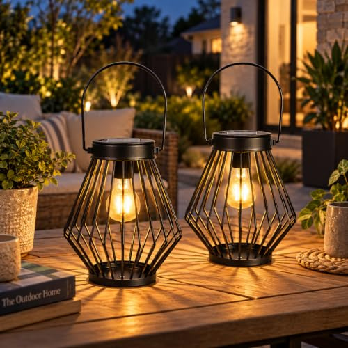 Kelvinlux Solarlaterne für den Außenbereich, solarbetriebene Metallleuchte mit Griff, 2 Packungen, wasserdicht, kabellos, warm, Retro-Leuchtmittel, Design-Lampe für Hof, Garten, Terrasse, Zaun,