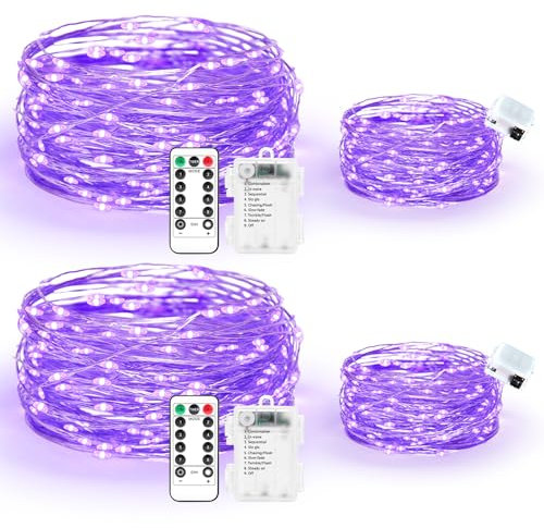 Maxee 2 Stück 20M + 2 Stück 3M LED Lichterkette Batterie, 8 Modi Fernbedienung mit Timer Lichterkette, IP65 Wasserdichte, Außen Lichterkette Draht für Weihnachten Innen Aussen Deko, Lila