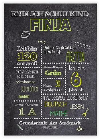 321GESCHENKE Personalisiertes Bild „EINSCHULUNG, Erster Schultag, Meilensteintafel, Einschulungsposter, Schulanfang, personalisiertes Geschenk, Schule (Grün)