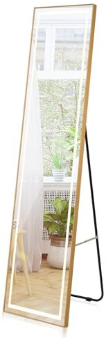 LIFEZEAL Miroir sur Pied avec Lumières LED, Miroir Pleine Longueur Arrondi avec Cadre en Aluminium Doré, Grand Miroir Mural, 37 x 38 x 155 cm, pour Salon, Chambre (Rectangulaire)