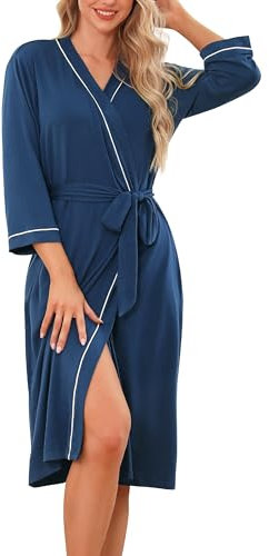 Wikoan Peignoir de bain pour Femme avec Poches, Peignoir Femme Léger et Doux Robe de Chambre pour d'intérieur Hôtel Piscine Sortie de Bain Bleu Cobalt XL