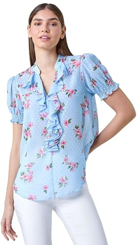 Roman Women Frill Front Vest Top Ladies Ruffle Blouse Summer Spring Special Occasion Evening Holiday Cruise Cocktail Party Short Long Sleeve Sleeveless V-Neck - Blue Pink Green - Size 12
