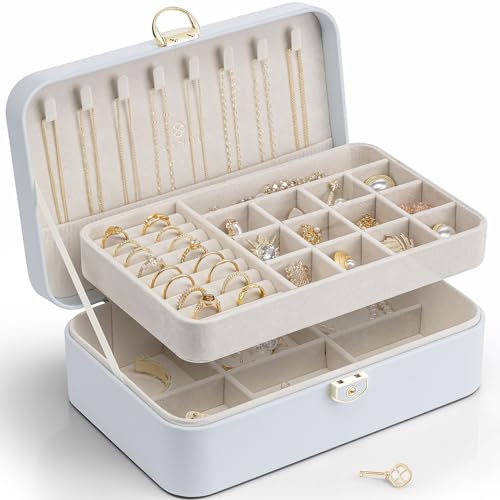 Vlando Schmuckkästchen Mädchen Damen, Doppelschicht Schmuckkasten, Abschließbare Schmuckschatulle, Schmuckaufbewahrung Box für Ringe Ohrringe Armbänder Halsketten, Schmuckkoffer,Seeblau