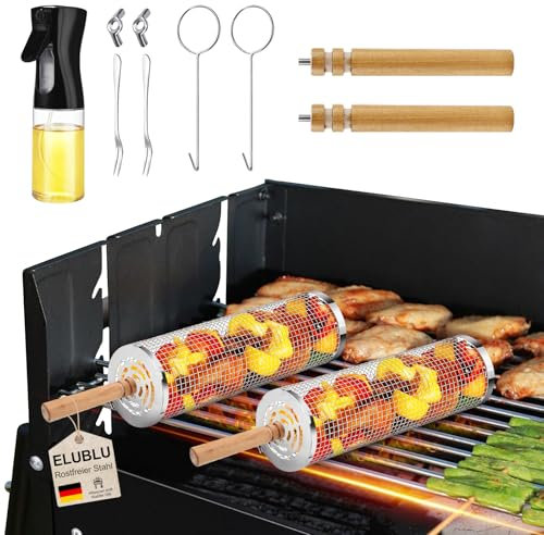 ELUBLU Rollendes Grillkorb, Grillnetz aus Edelstahl Grillkorb Gemüse Grill Zubehör,Edelstahl 304 mit Abnehmbaren Holzgriffen,Kochen im Freien Camping Outdoor Küche Grillnetzrohr(2 Stück)