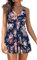 SHEKINI Women's Swimdress One Piece V Neck Swimming Costume Splice Printed Mesh Soft Cup Padded Elegant Bathing Suit Tummy Control with Boyshort, Blue Rose, Large
