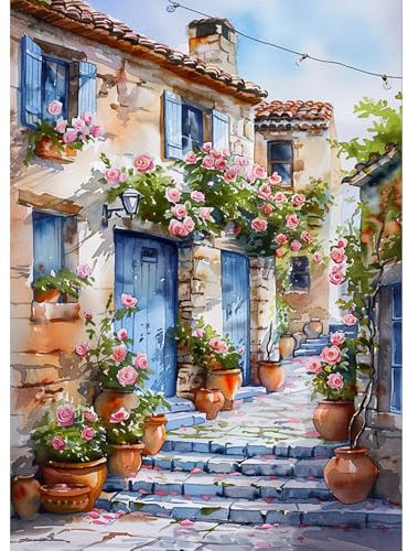 DAERLE Peinture Diamant Cour fleurie, 5D Diamond Painting Complet Rue fleurie, Diamant Strass Point de Croix Cristal Painting Diamant Kit Paysage Painting pour Murale Décoration 30x40cm