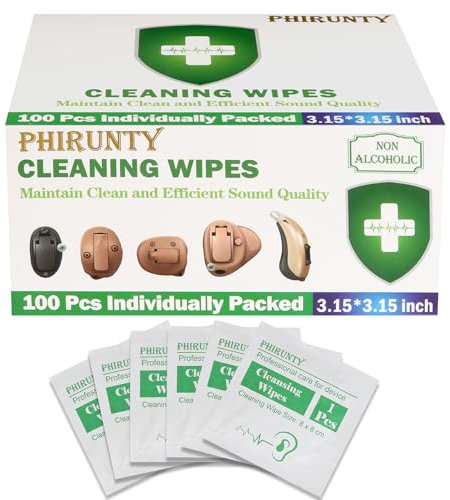Phirunty Lingettes de nettoyage pour appareils auditifs emballées individuellement - Lingettes auditives - Kit d'outils de nettoyage - Accessoires pour appareils auditifs - Convient à toutes les