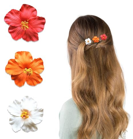 QEQSHQO Lot de 3 barrettes en forme de fleur hawaïenne pour femme - Plumeria - Hibiscus - Pinces artificielles, pince pour vacances, fête à la plage, piscine, croisière, séance photo