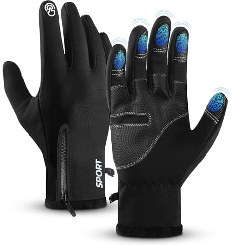 AURUZA Winter Gloves Men Women, Zipper Cycling Gloves Touch Screen, Windproof Warm Gloves Cold Weather, Anti-Slip Sports Gloves for Cycling Driving Running Hiking Climbing Skiing Sports L