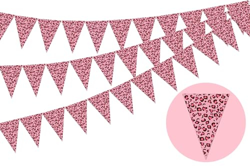 JOYMEMO 3 Pieces Cheetah Pennant Banners - Pre-Strung Leopard Triangle Flag Party Decorations, Jungle Safari Animal Theme Birthday Party Supplies