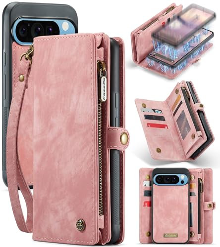 UFinetech Custodia per Google Pixel 9 Pro XL, Cover Pixel 9 Pro XL, Pelle PU Antiurto con Portafoglio Rimovibile Magnetico, Slot per Carte, Supporto Integrato, Ricarica Wireless, Cinturino, Rosa
