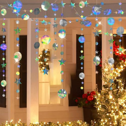 JSTHHTT 24 Meter Hängenden Papier Girlande Holographisch Regenbogen, Rund und Stern Papier Deko für Party, Hochzeit Karneval Geburtstagsgirlande Fasching Weihnachten (Silber)