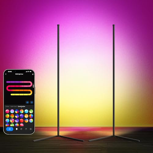 LuminexDesigns Lot de 2 Lampadaire LED RGB sur Pied 150cm – Lampe d’Angle Dimmable avec Télécommande, Smart APP Contrôle Compatible Alexa, Éclairage Ambiance Couleur pour Salon, Chambre ou Gaming